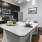 a kitchen with black cabinets